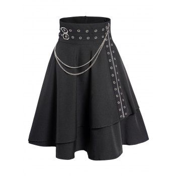 Gothic Skirt Plain Color Grommet Chain Embellishment Zipper Fly Layered A Line Mini Skirt