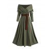 Cinched Ruched Surplice Plunge Belted Midi Dress Solid Color High Waist Long Sleeve Dress - DEEP GREEN XL | US 12