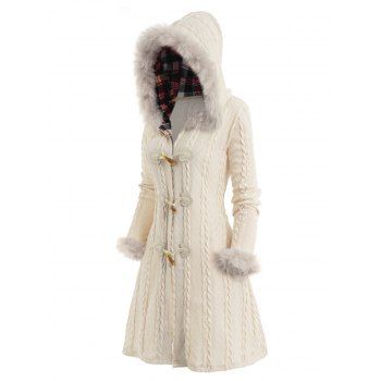 Cable Knit Plaid Faux Fur Panel Hooded Coat Horn Button Long Knitted Coat