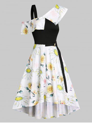 Sunflower Printed Skew Collar High Low Dress