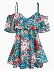 Celestial Sun Floral Paisley Allover Print Cold Shoulder Layered Flounce Blouse -  