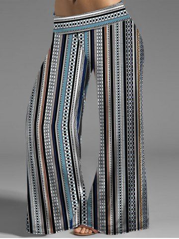 Pantalon Long Tribal Imprimé Rayé à Jambe Large de Grande Taille