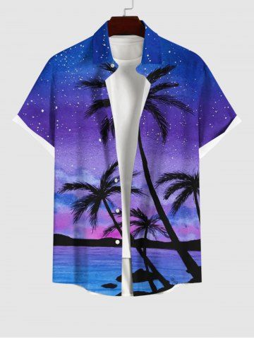 Plus Size Coconut Tree Star Sky Galaxy Sea Print Buttons Pocket Hawaii Shirt For Men