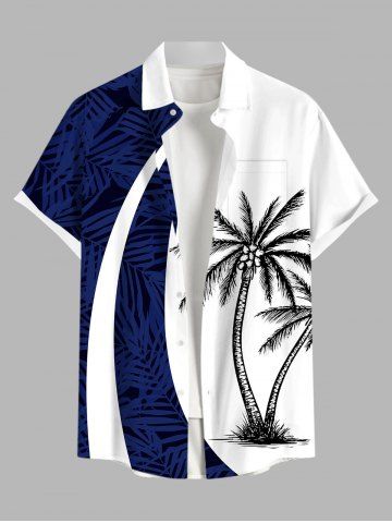 Plus Size Coconut Tree Tropical Leaf Print Buttons Pocket Hawaii Shirt For Men