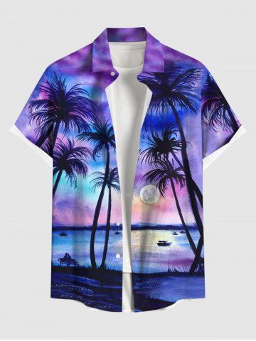 Plus Size Full Moon Sea Coconut Tree Ombre Print Hawaii Shirt For Men