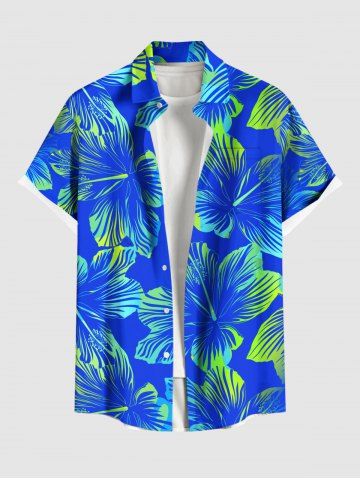 Plus Size Tropical Hibiscus Flower Print Buttons Pocket Hawaii Shirt For Men