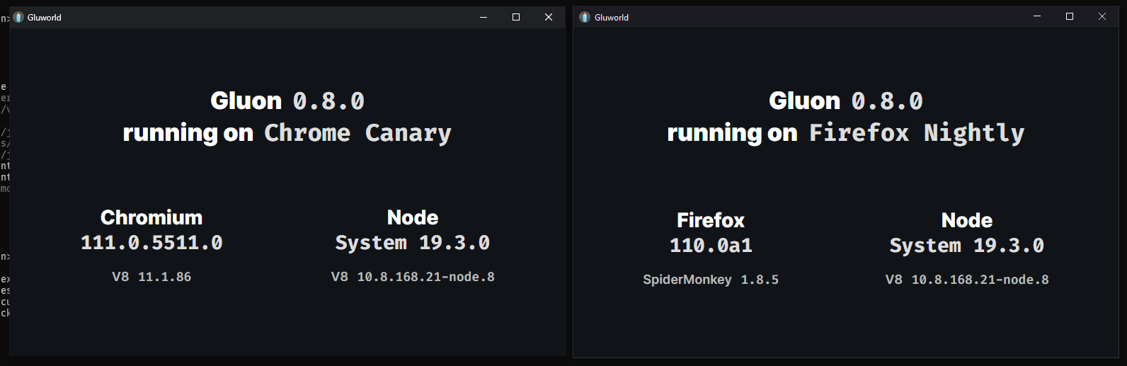 Screenshot of a Gluon Hello World app showing versions with 2 windows, one using Chrome Canary and another using Firefox Nightly.