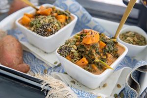 Sweet Potato Soup in a white square bowl