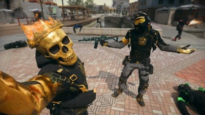 Call of Duty: Warzone screenshot showing two operators, one standing nonchalantly and one wearing a gold skull mask and crown