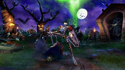 MediEvil key art featuring main character Sir Daniel Fortesque in spooky moonlit graveyard.