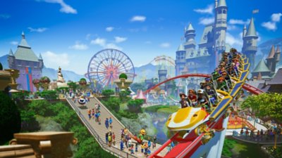 Planet Coaster key art, featuring an elevated shot of a bustling theme park.