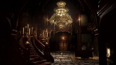 لقطة شاشة من Resident Evil Village تظهر فيها ردهة ضخمة - وضع VR