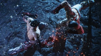 Tekken 8 screenshot showing a top-down view of two characters fighting in a volcanic environment