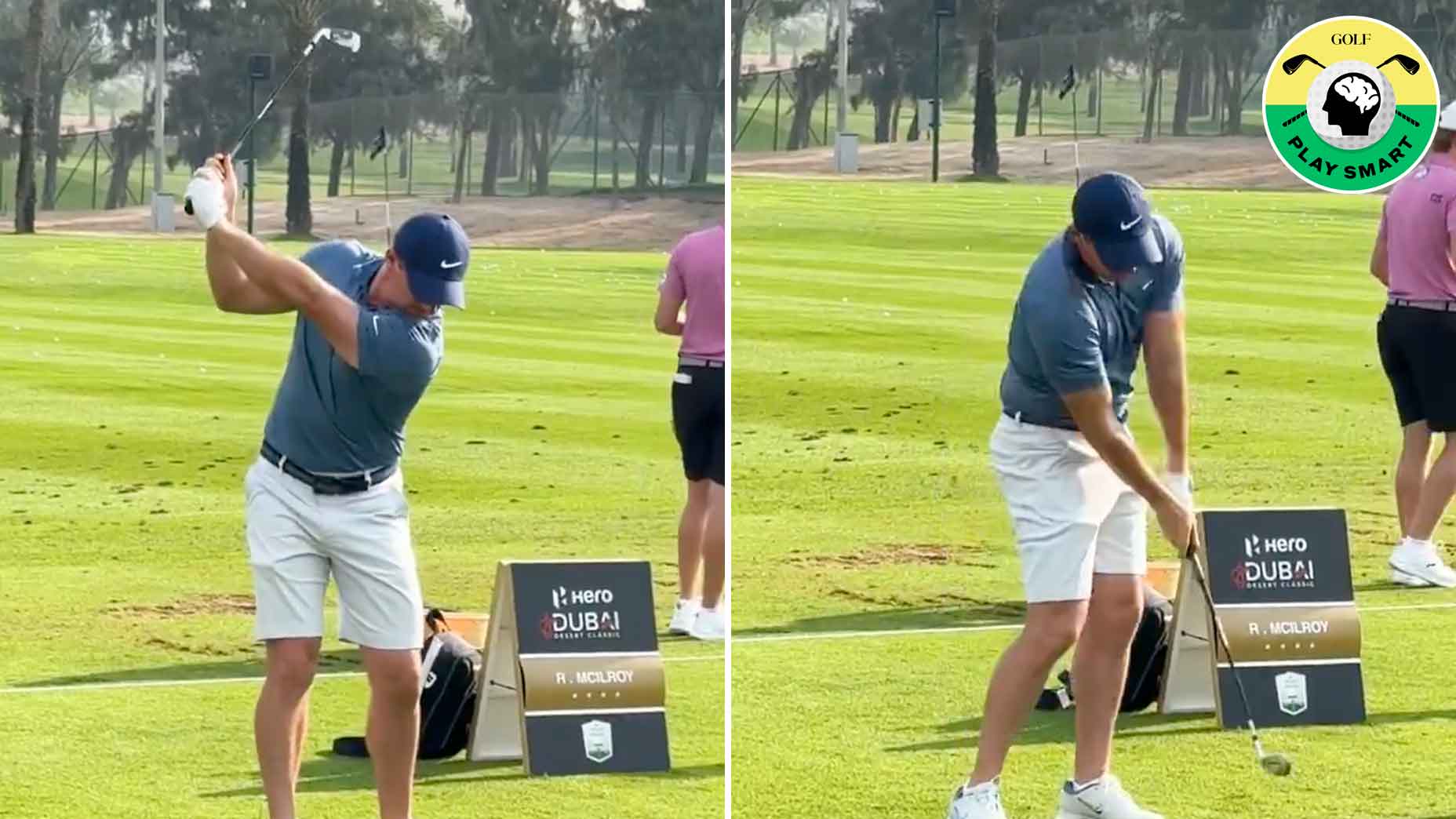 rory mcilroy swings training aid on the range