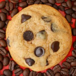 close up of coffee cookie on red plate with espresso beans.