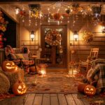 Front porch decorated with cozy halloween decorations.