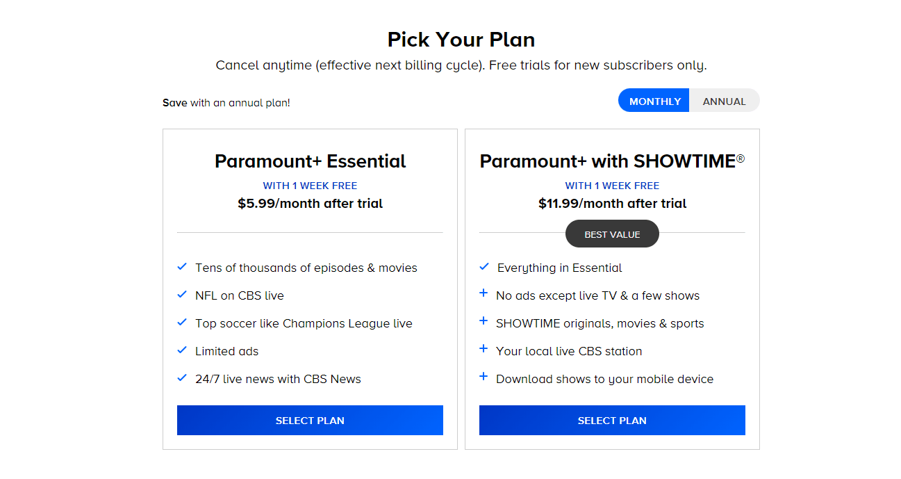 paramount plus price plans