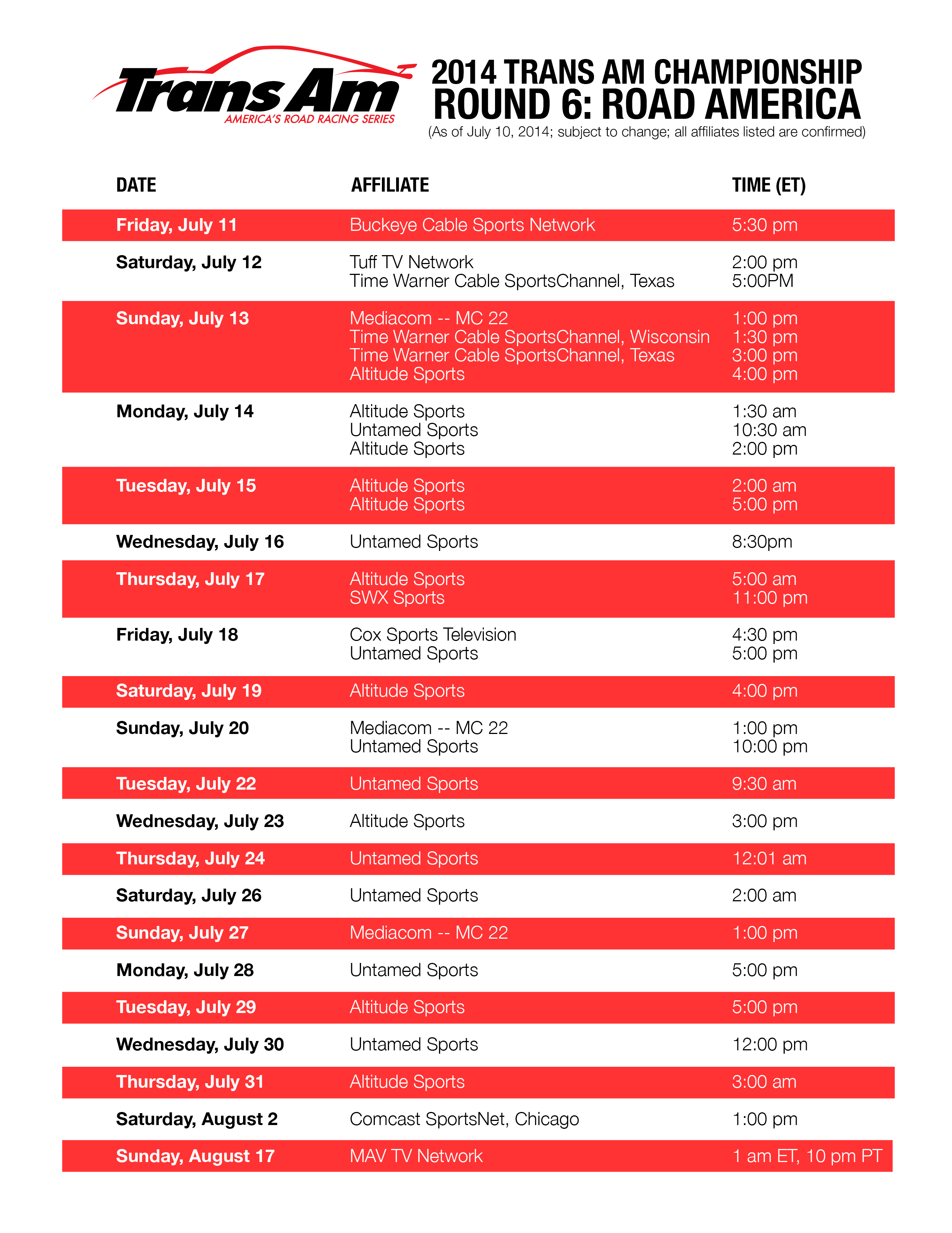 Road America Broadcast Times and Dates