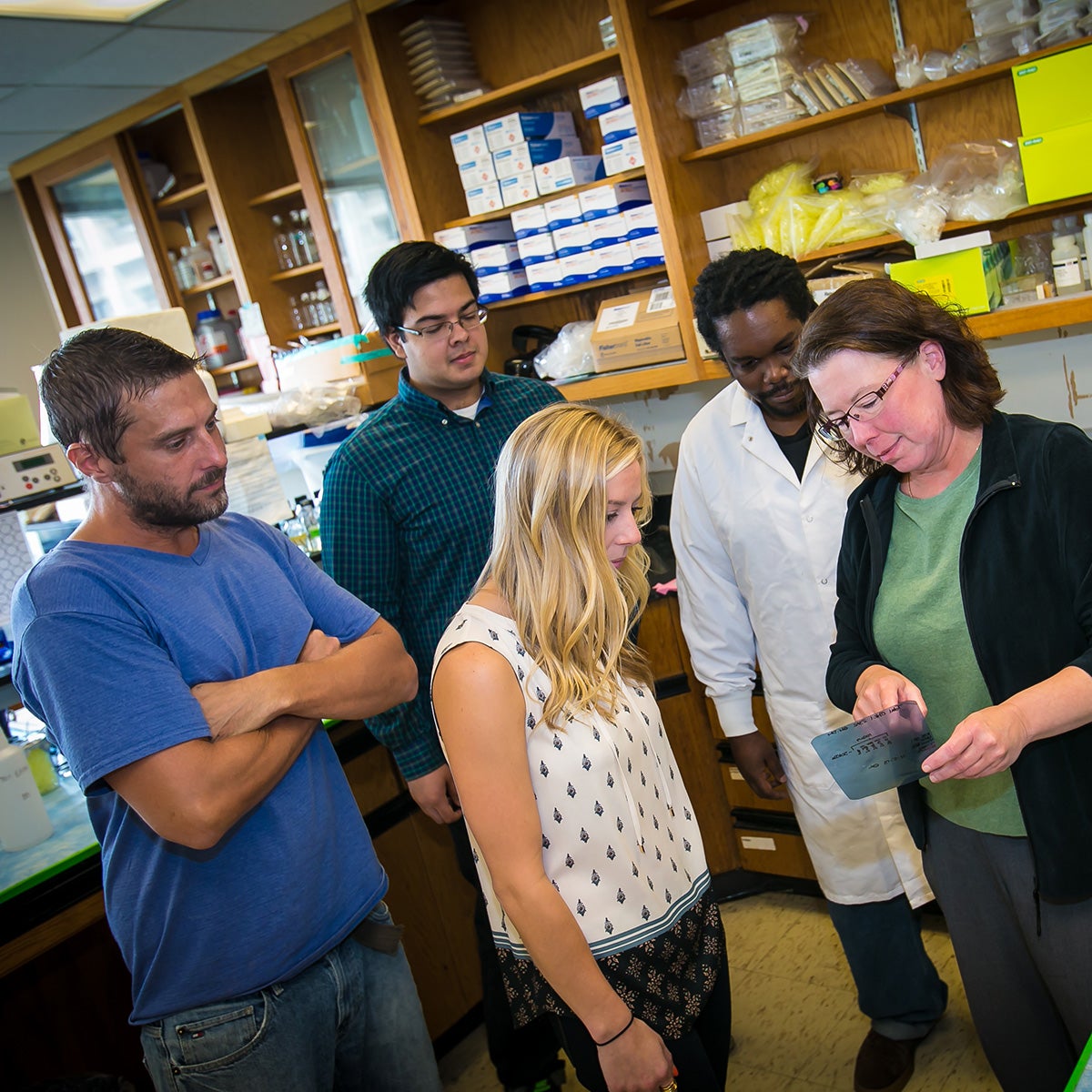 Photo of graduate students gathering around an instructor