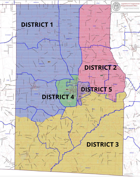 Map of Grady County, Georgia, showing the boundaries and locations of various districts. Each district is color-coded and labeled for easy identification. The map includes roads to provide context.