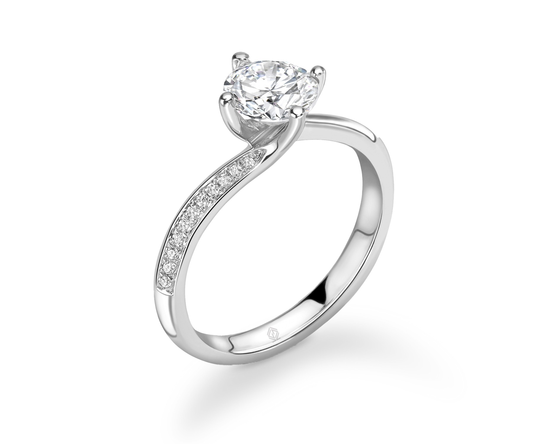 18K White Gold Round Cut 4 Prong Twist Diamond Engagement Ring With Side  Stones