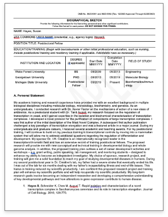 postdoctoral fellowship biosketch sample