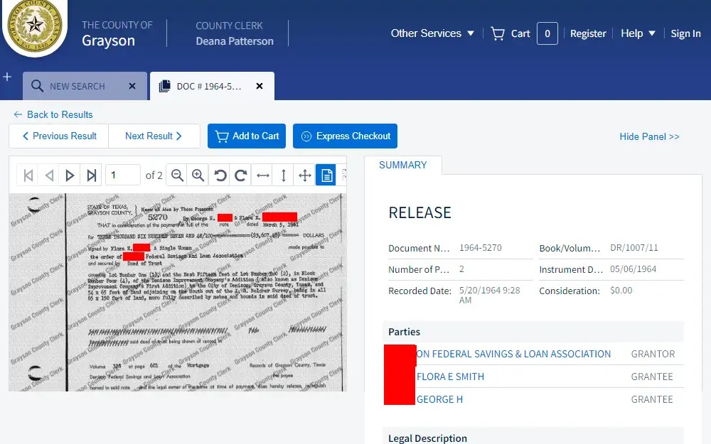 A screenshot of a real property document preview taken from the search done through the Grayson County Clerk's Office's official records search portal.