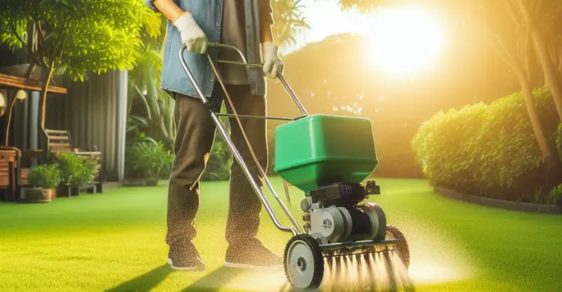 A vibrant illustration depicting a lush green lawn with a twist—instead of traditional chemical fertilizers, fish-based organic fertilizers are being applied. A gardener carefully spreads the fish fertilizer pellets across the grass, promoting healthy growth and nourishing the soil. The image captures the harmony between nature, sustainable practices, and a thriving lawn