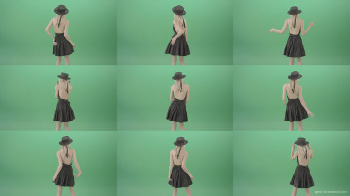 Blonde-girl-in-black-hat-with-open-back-posing-in-dark-dress-over-green-screen-4K-Video-Footage-1920 Green Screen Stock