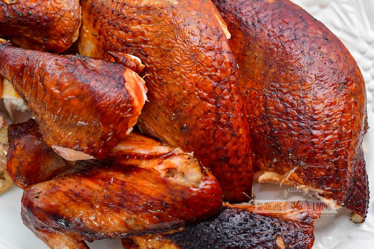 closeup of broken down smoked turkey on a white plate