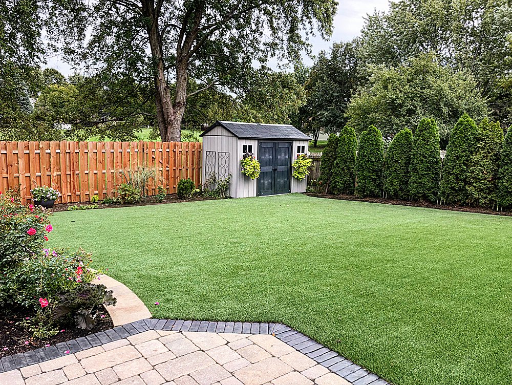 A Chicago backyard is shown with artificial turf, a patio, planted bushes and trees, and garden shed.