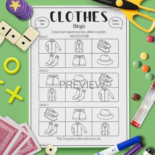 ESL English Clothes Bingo Game Activity Worksheet