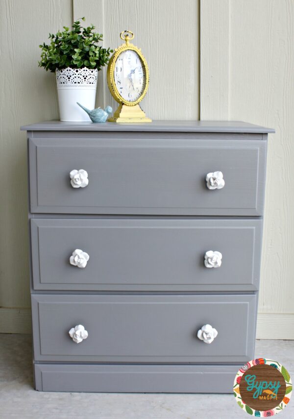 An old handbuilt dresser gets new life with some dovetail grey paint and vintage style floral hardware {Gypsy Magpie}