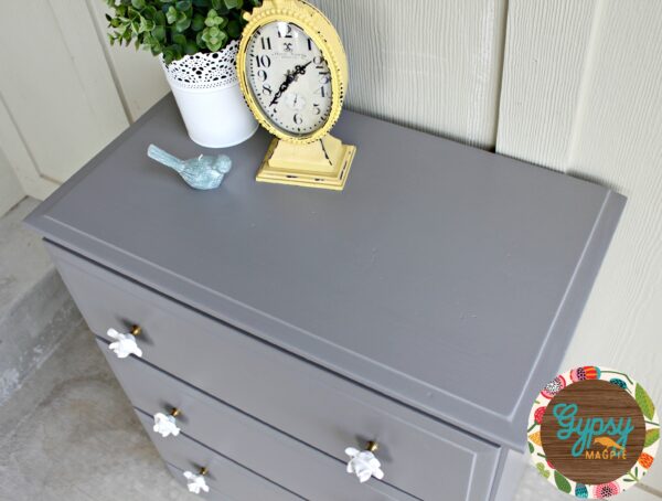 An old handbuilt dresser gets new life with some dovetail grey paint and vintage style floral hardware {Gypsy Magpie}