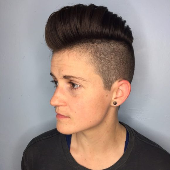 Pompadour Faux Hawk with Skin Fade and Warm Brunette Hair Color Short Fall Hairstyle