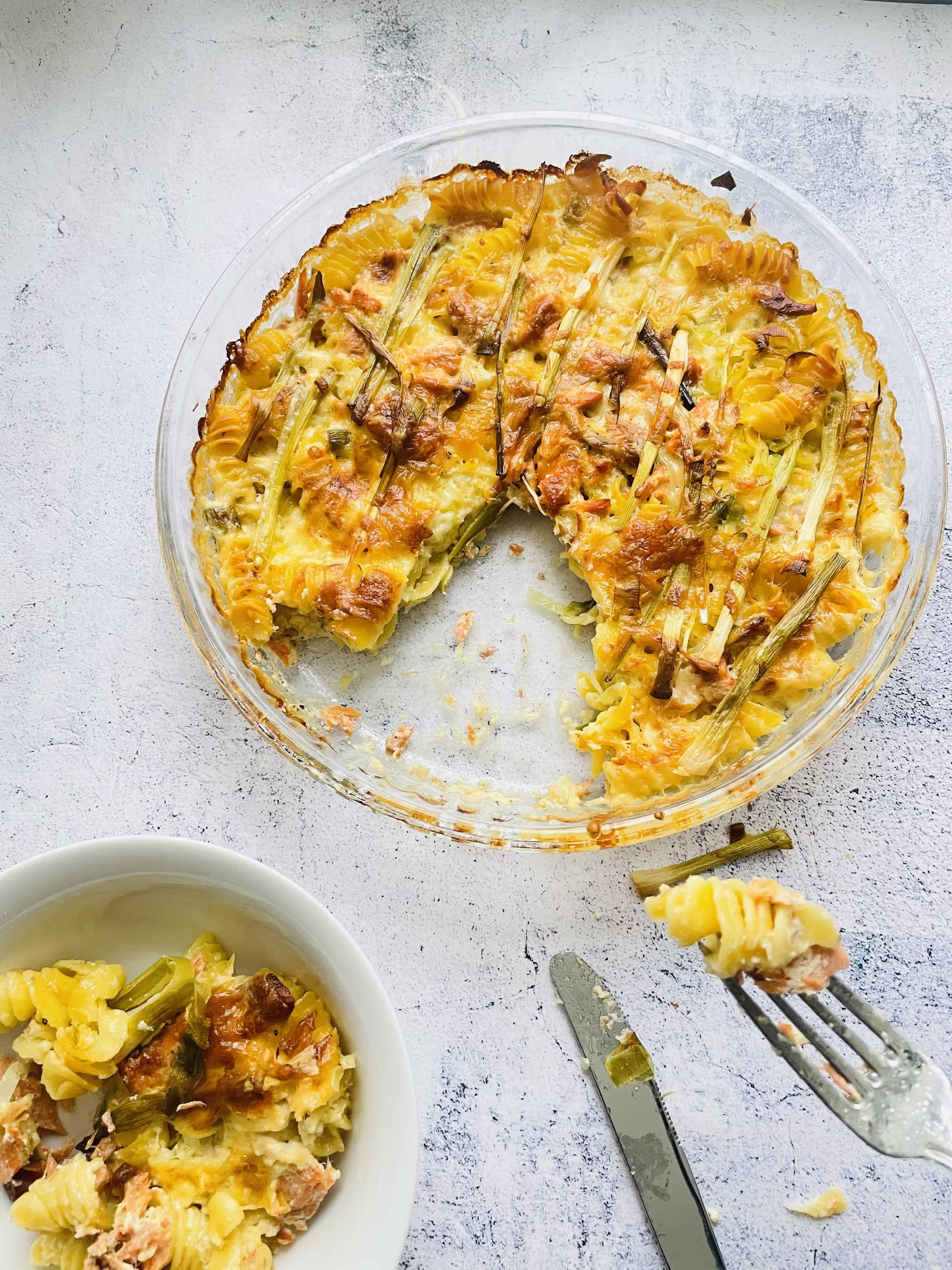 Cheesy leek and Salmon Pasta Bake