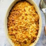 Pumpkin gratin pasta bake with chicken and leek