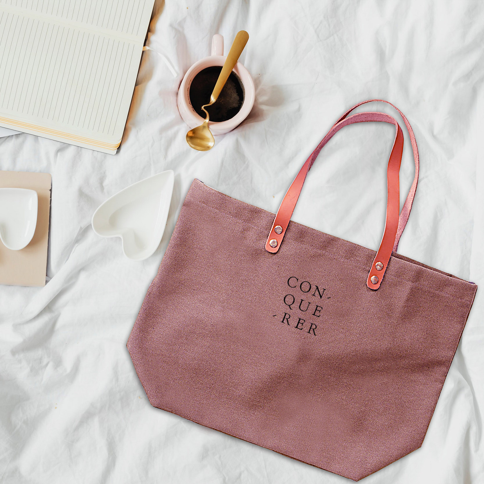 Brown Custom  Canvas Tote  Bag  With Leather Straps