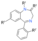 Chemical structure diagram of a benzene ring fused to a diazepine ring. Another benzene ring is attached to the bottom of the diazepine ring via a single line. Attached to the first benzene ring is a side chain labeled R7; to the second, a side chain labeled R2'; and attached to the diazepine ring, two side chains labeled R1 and R2.