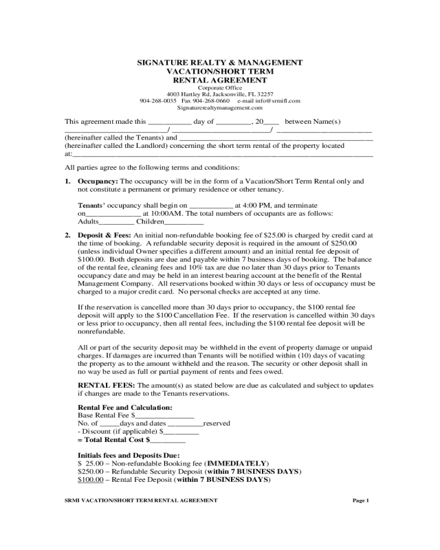 Printable Short Rental Agreement Form