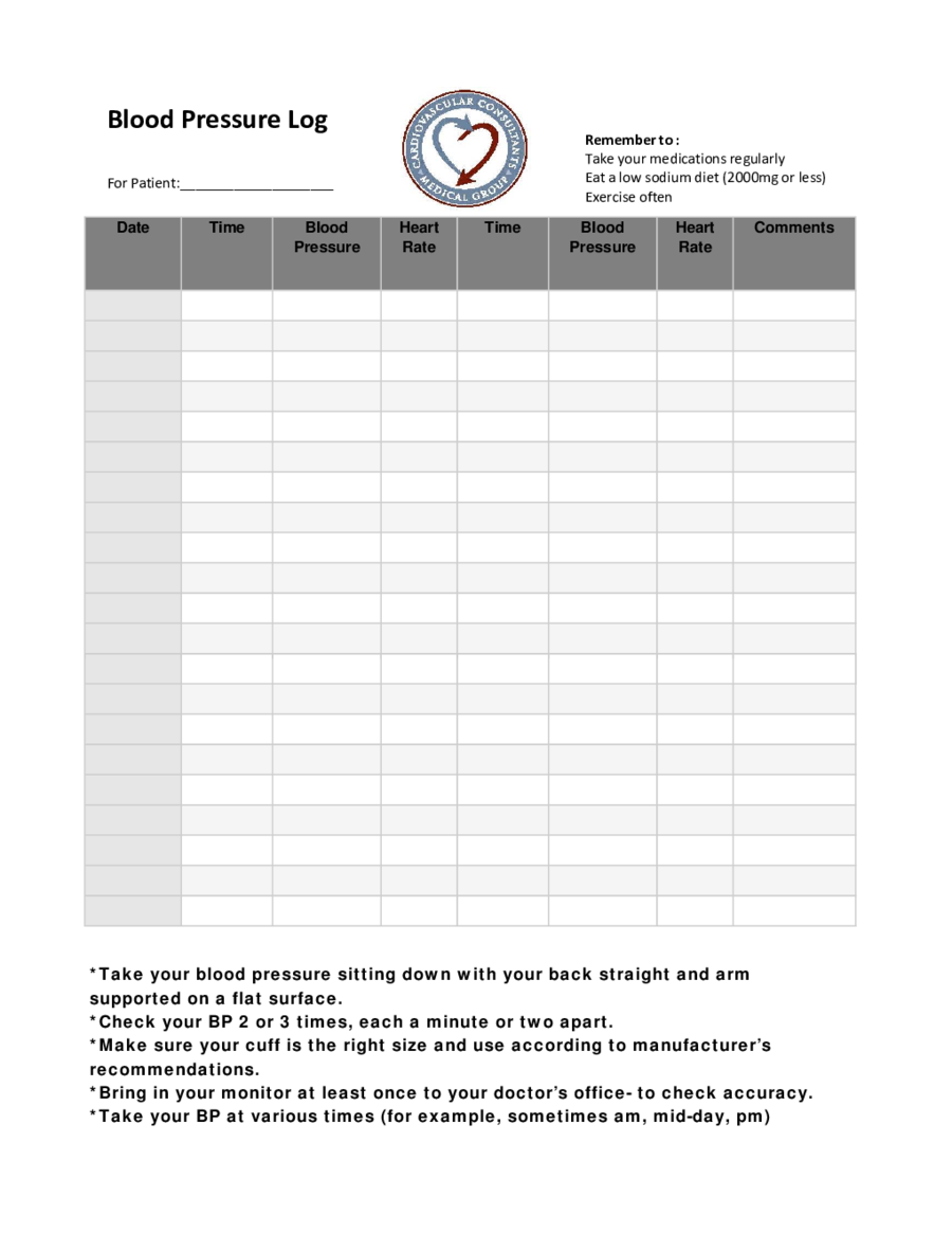 Blood Pressure Log Chart Printable