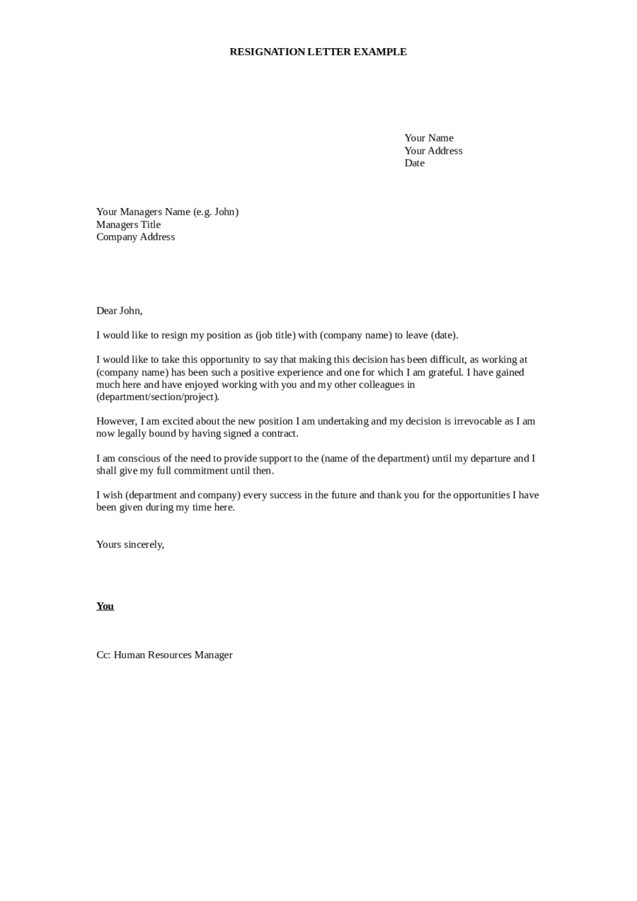 Draft Letter Of Resignation Template