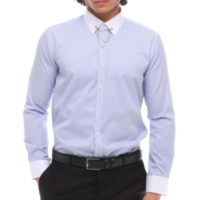 Men's Stripe Button Down Poplin Shirt With Bar & Chain Formal Classic