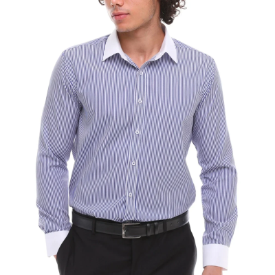 Men's Button Down Stripe Dress Shirt Formal Classic Collar - Blue