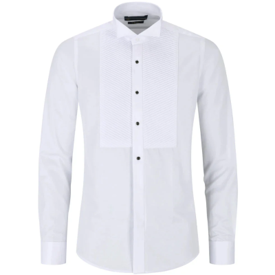 Men's Wing Collar White Shirt Pleated Tuxedo Double Cuff Satin Cotton