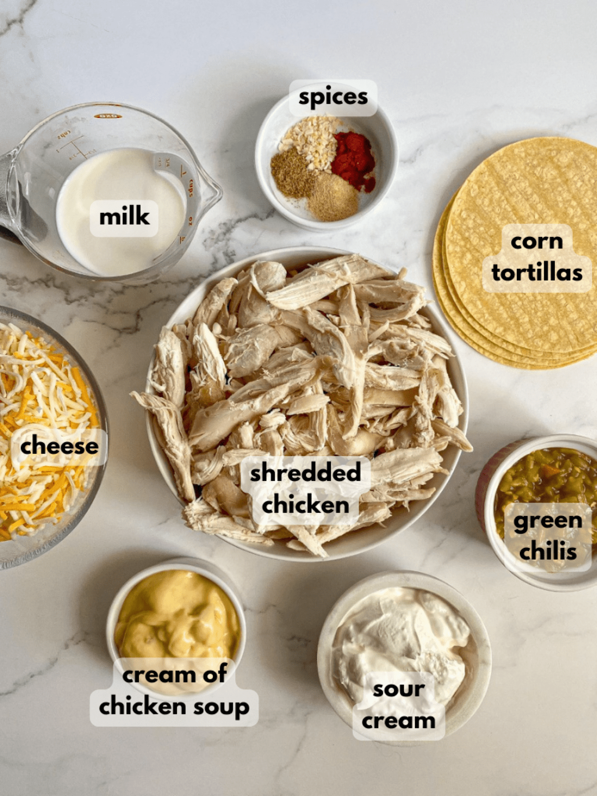 Ingredients needed to make sour cream chicken enchilada casserole in separate bowls: shredded chicken, milk, cheese, cream of chicken soup, sour cream, green chilis, spices, and a stack of corn tortillas.