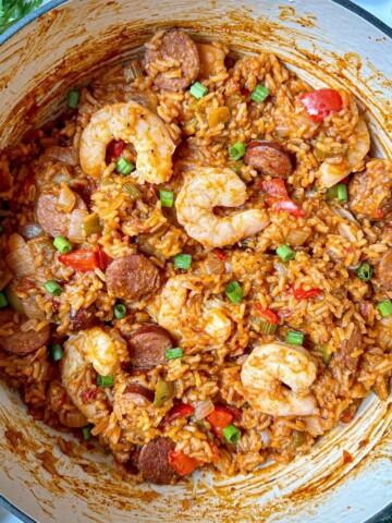 Dutch oven jambalaya with sausage and shrimp.