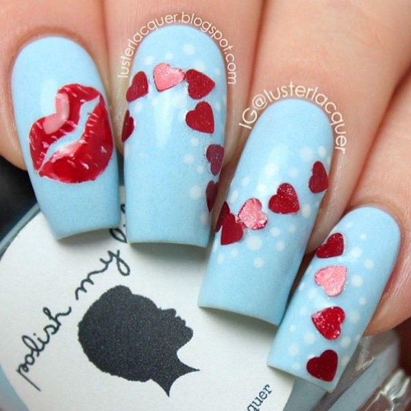 Valentine's Day is coming soon, and it doesn't only pertain to home decorating, crafting and picking gifts for your loved one. You can also decorate your nails to match the season. Take a look at these sweet kiss nail art designs and then choose one of them for yourself. Your nails will look just as sweet as the holiday is and melt your partner's heart.