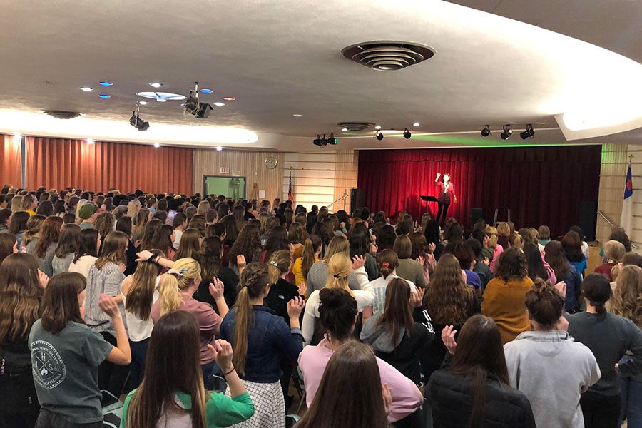 The Treble Choir’s director, Dr. Pearl Shangkuan, leads a warm-up with the group. Shangkuan is an international conductor, lecturer, and clinician.