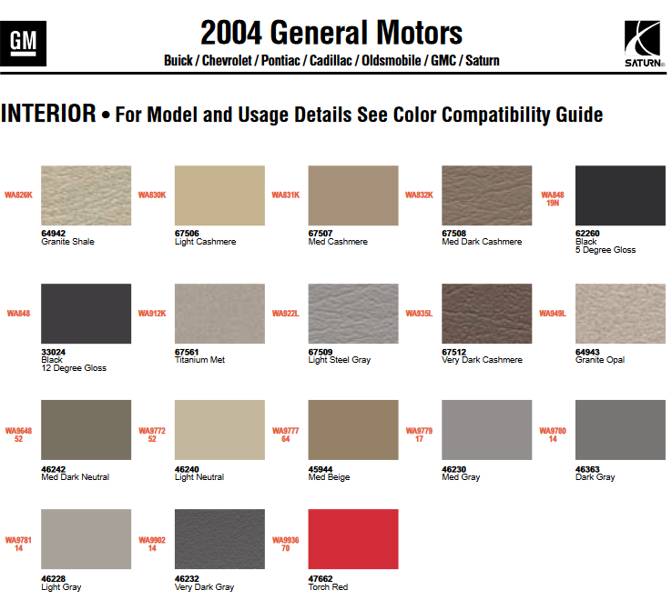 Interior Color & Code Paint Chart